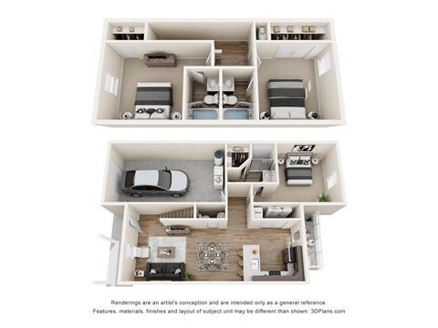 A 3D floor plan of a house with two bedrooms, a living room, a kitchen, and a garage.